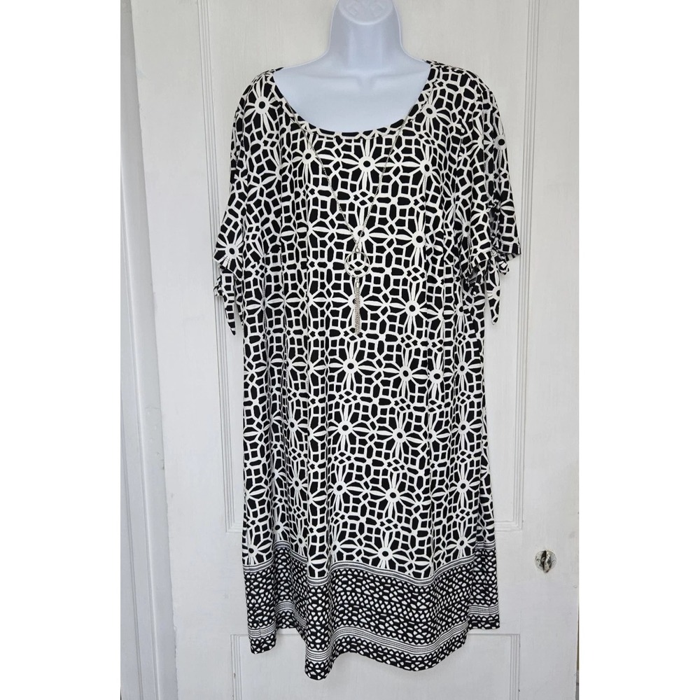 Tacera Black White Geometric Pattern Midi‎ Dress W/Silver Tone Necklace Size 2 X